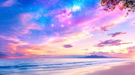 Vibrant Coastal Sunset with Pink Clouds and Blue Ocean Waters Reflecting Sunlight on Sandy Beach Under Pastel Sky with Stars