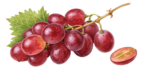 Obraz premium Red Grapes Watercolor Illustration Bunch with Leaf, Isolated on Transparent Background, fruit, watercolor, food, grapes, illustration, clipart