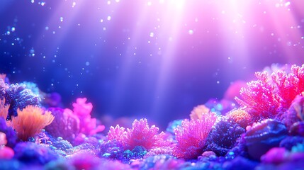 Vibrant Coral Reef Ecosystem in Pink and Blue Hues Underwater with Glowing Lights and Sparkling Particles