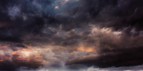 Flat vector art showing cumulonimbus clouds rolling across open sky, with glowing cloud pockets