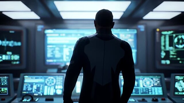 Silhouette Figure Overseeing Tactical Data on Blue War Room Screens in Futuristic Command Center Atmosphere