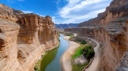 Natural canyon with vertical cliffs and winding river, showcasing stunning geological formations