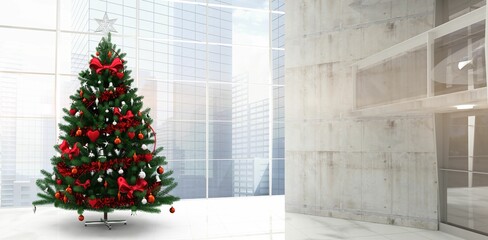 Flat design is showing decorated Christmas tree in sleek lobby with red bows and silver topper