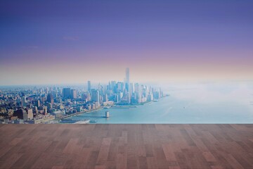 flat design is showing panoramic city skyline over water with wooden deck front