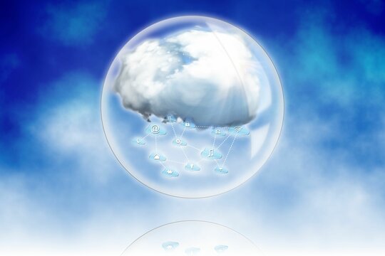 Fototapeta Flat design cloud computing is floating in glass sphere over gradient sky showing network icons