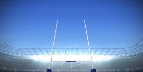 Showing flat design stadium scene with white goalposts, floodlights, empty seating and curved roof
