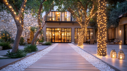 Fototapeta premium Serene courtyard scene featuring illuminated trees and welcoming entrance. gentle lights create