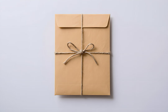 Brown envelope tied with string isolated on white background