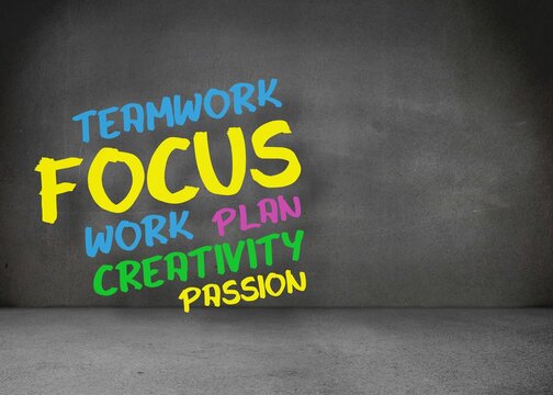 Colorful painted motivational words are appearing on bare grey concrete wall in flat design