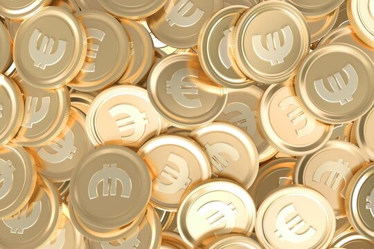 Pile of gold euro coins is shimmering with embossed symbols in 3D metallic render, copy space