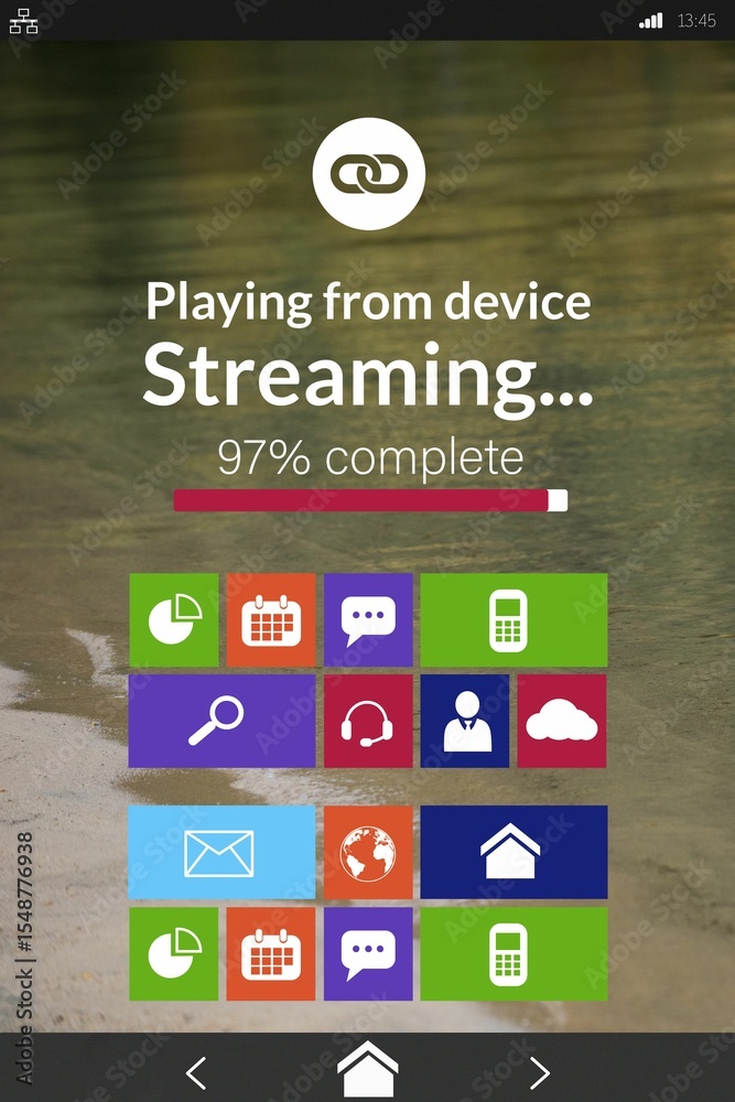 Poster digitally generated image of various computer icons with progress bar