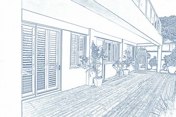 Pretty house with terrace, with a blue and white filter