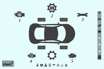 Flat design is showing top-down car with diagnostic icons and UI toolbars on light blue background