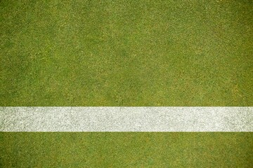 Fototapeta na wymiar Thick horizontal white painted line is running across green grass turf in flat vector illustration