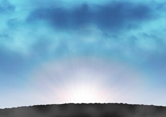 Sunrise rays are emerging behind low rocky ridge silhouette with scattered clouds in flat design