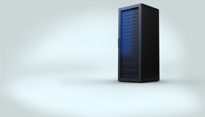 Black server tower is standing in flat minimal studio, with glowing blue LED panels, copy space