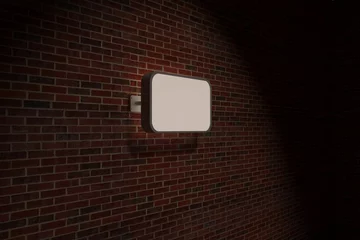 Fototapeten Rectangular illuminated sign box is casting glow onto dark red brick wall in flat vector design © vectorfusionart