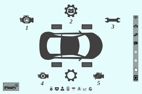Fototapeta Flat design is showing top-down car with diagnostic icons and UI toolbars on light blue background