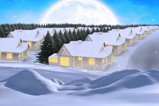Naklejki Flat design is showing snowy cabins with glowing windows under string lights and full moon