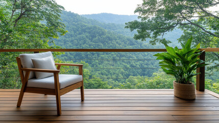 Fototapeta premium Serene mountain resort cabin deck offers peaceful view of lush green hills