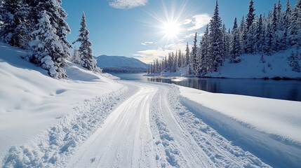 Serene winter landscape featuring snow covered path alongside river, surrounded by tall