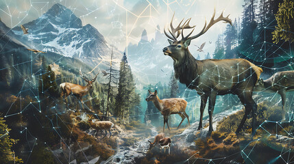  Majestic elk and deer roam a vibrant digital forest blended with a breathtaking mountain landscape, symbolizing nature's interconnectedness and technological integration.