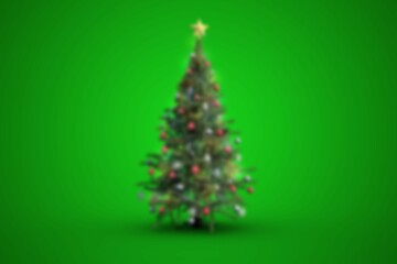 Flat Christmas tree is showing star topper, string lights and red silver baubles on green backdrop