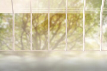 Flat design room is featuring tall window frames filtering soft daylight onto smooth floor surface