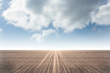 Wooden plank deck is stretching toward bright horizon in flat design, showcasing sunlight glow
