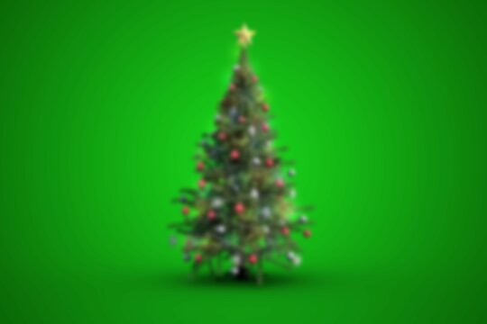 Fototapeta Flat Christmas tree is showing star topper, string lights and red silver baubles on green backdrop