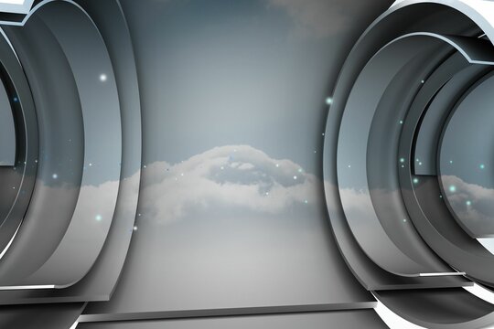 Fototapeta Circular metallic portal is revealing cloudy sky through glowing rings and particles in flat design