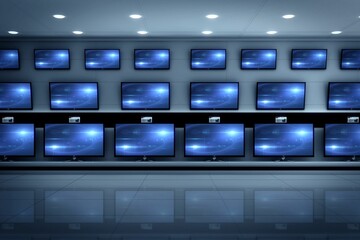 Flat design store is showing TVs with blue cosmic motif on shelves and price-tags under spotlights