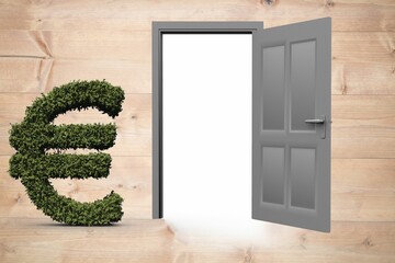 Topiary of euro sign by open door