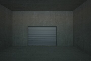 Closed corrugated roller shutter door is standing in concrete chamber with ambient light, 3D render