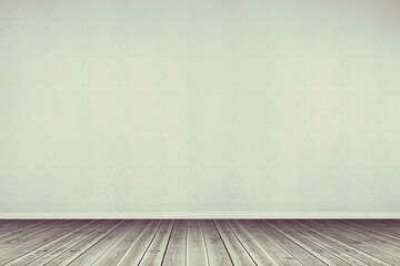 Empty room is featuring wooden floor, mint-green damask wallpaper, white baseboard in flat design