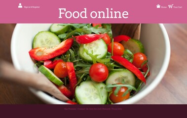 Showing close-up ceramic bowl with cucumber, tomato, pepper, arugula, hand, pink Food online header