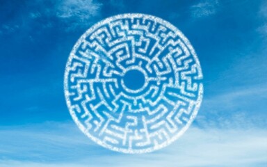 Circular cloud maze pattern is drifting in flat illustration sky, with scattered wispy clouds