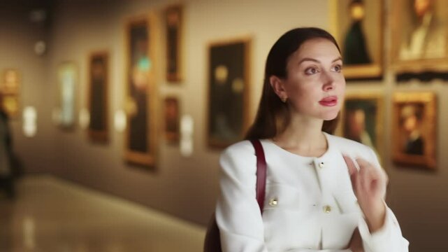 Young woman walks around museum hall, examines showpiece painting and icons at exhibition. Exposition, admire works of Renaissance artists, stand in front of painting, looks at it for long time
