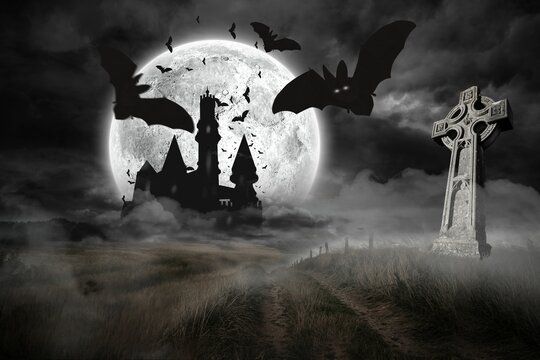 Digital image of bats flying by celtic cross and castle