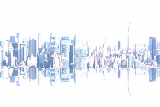 Expansive city skyline reflection is spanning full width in flat design over mirrored water surface