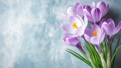 Fototapeta premium A closeup of delicate purple crocuses in focus with a blurred background, creating an elegant and calming composition.