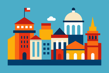 Vector illustration set of European city architecture featuring castles, churches, and old town buildings