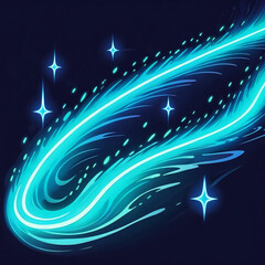 A luminous blue comet gracefully glides across the dark expanse of the night sky, leaving a shimmering trail.