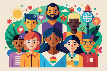 Fototapeta premium Diverse group of individuals standing together with symbols of unity and nature in a vibrant setting