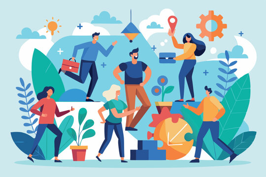 Creative team collaboration takes place in a lively outdoor space with colorful illustrations representing innovation and teamwork