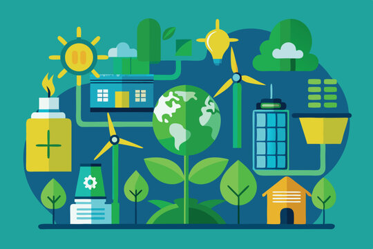 Sustainable energy concepts illustrated with symbols of nature and technology on a bright background