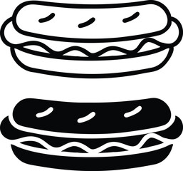 Minimalist Hot Dog Icon – Black & White Line Art, Isometric Vector Food Illustration