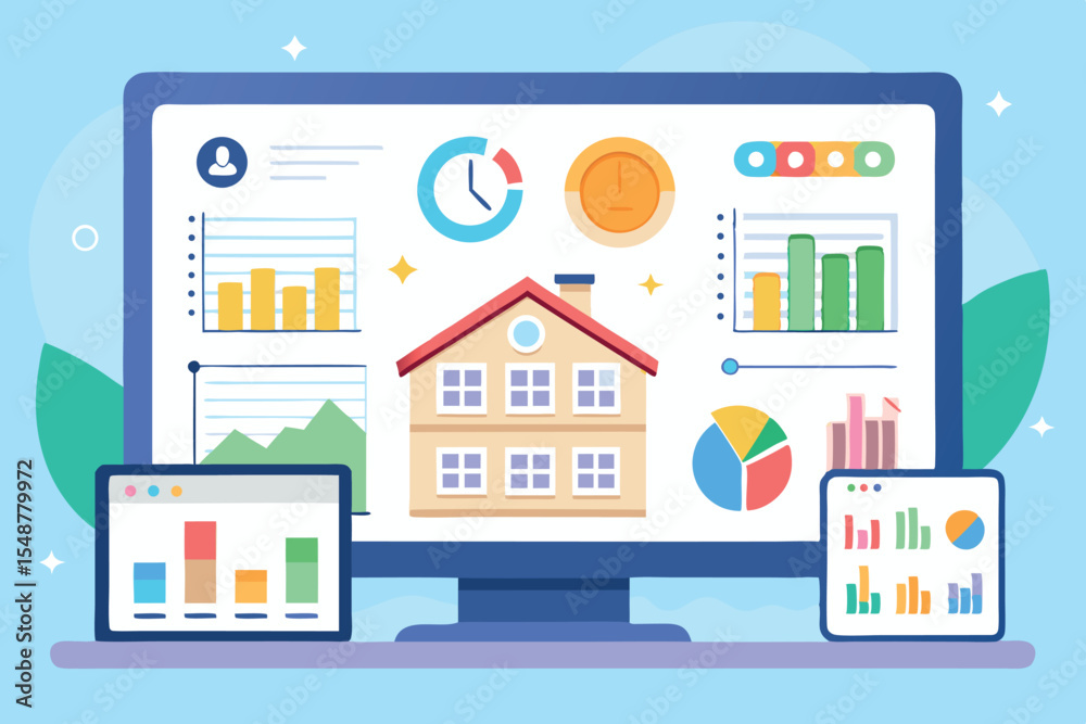 Poster data visualization tools showcase analytics for real estate metrics on a desktop and tablet in a col