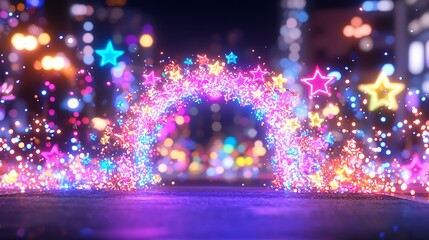 Glowing Neon Star Portal in City at Night