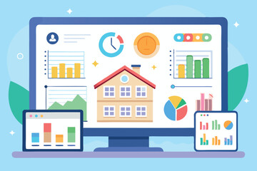 Data visualization tools showcase analytics for real estate metrics on a desktop and tablet in a colorful modern layout